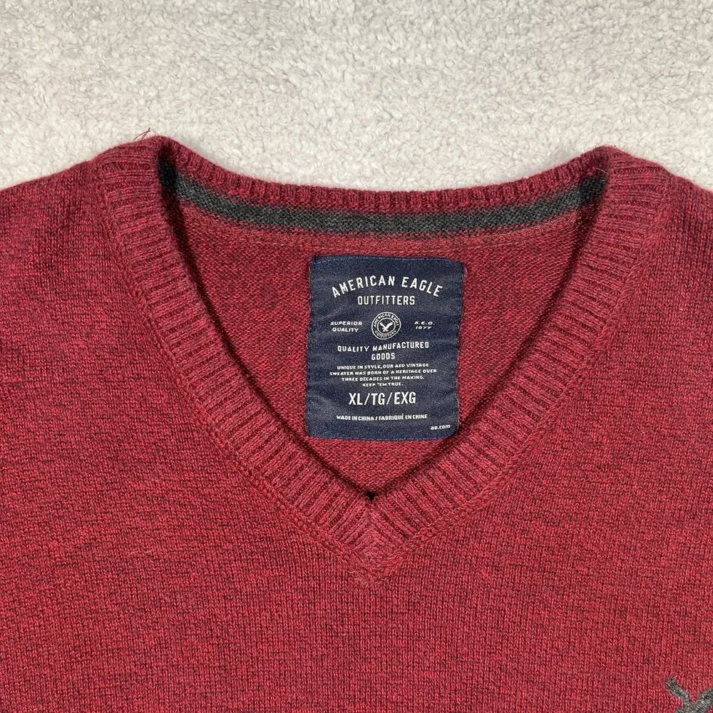 Vintage Y2K American Eagle V-Neck Sweater Mens XL Burgundy‎ Heather 100% Cotton
